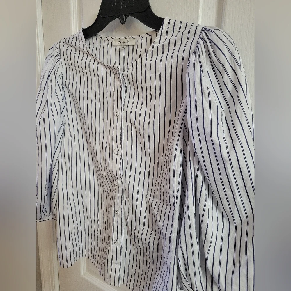 Madewell Puff Sleeve Cotton Button-Up Blouse Top Blue White Stripe Size 6